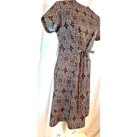 1960s 70s Vintage Brown & White Dress Double Knit Front Tie - Picture 3 of 14